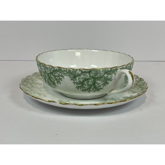 Spode Green Coral Cream Soup Bowl & Saucer Set Gold Trim EUC Rare Vintage - Picture 2 of 12
